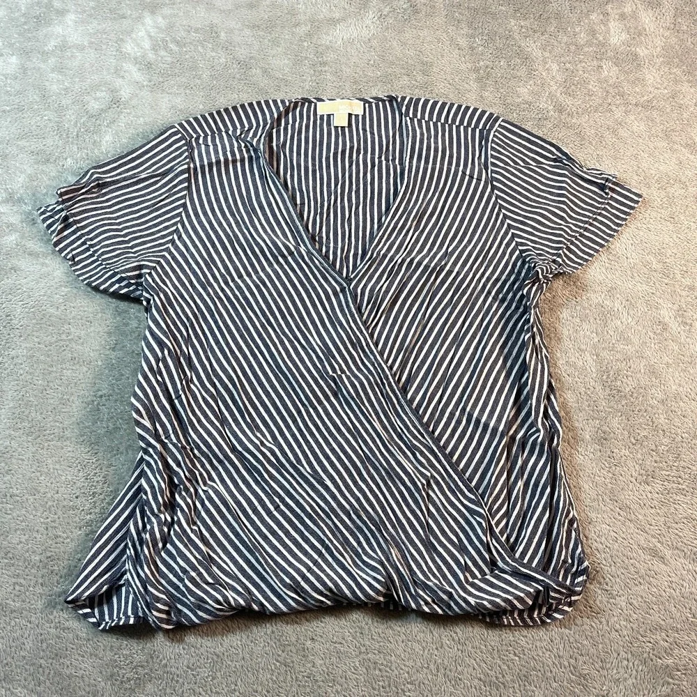 Michael Kors Striped Wrap Top Blouse Navy‎ Blue White Short Sleeve